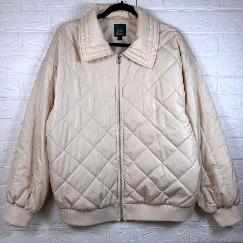 Wild Fable Quilted Bomber Jacket Women Size M Cream Beige Zip Up Puffer